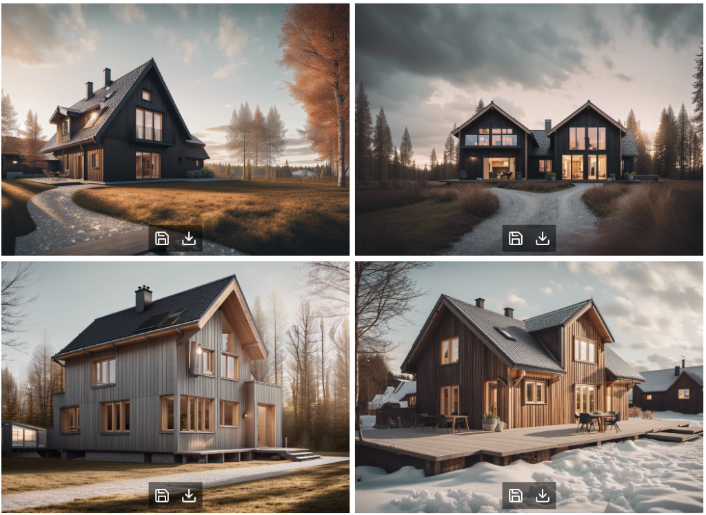 A grid of four house designs generated by Luccid